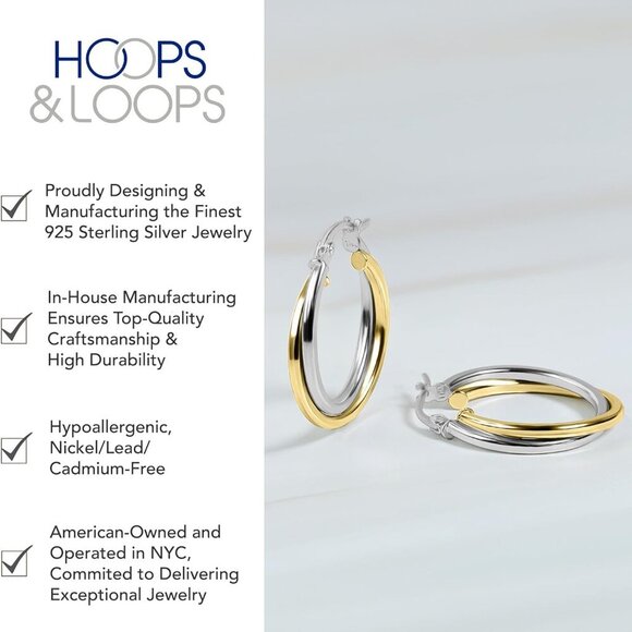 925 Sterling Silver Two-Tone Intertwining Round Double Square-Tube Hoop Earrings - Picture 3 of 6